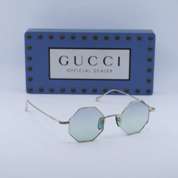Gucci GG1814S 004 Geometric Sunglasses - Gold/Light Blue - Picture 1 of 11